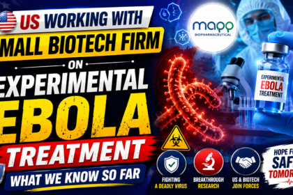 News-style thumbnail highlighting an experimental Ebola treatment collaboration between the United States and a biotech firm. Features an Ebola virus illustration, laboratory scientist, treatment vial, microscope, and biotechnology research visuals.