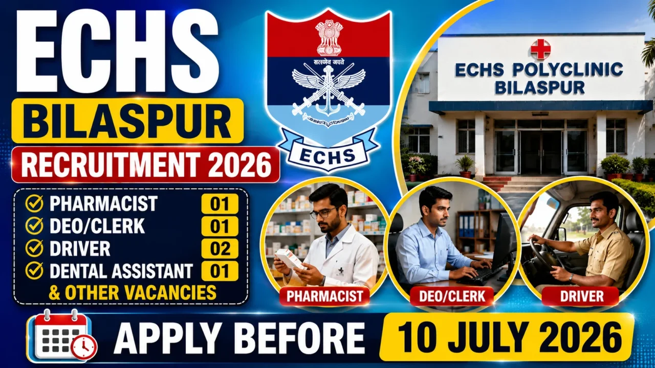 ECHS Bilaspur Recruitment 2026 thumbnail featuring a blue gradient background, ECHS logo, ECHS Polyclinic Bilaspur building, Pharmacist, DEO/Clerk, Driver, Dental Assistant vacancies, and application deadline of 10 July 2026.