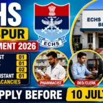 ECHS Bilaspur Recruitment 2026 thumbnail featuring a blue gradient background, ECHS logo, ECHS Polyclinic Bilaspur building, Pharmacist, DEO/Clerk, Driver, Dental Assistant vacancies, and application deadline of 10 July 2026.