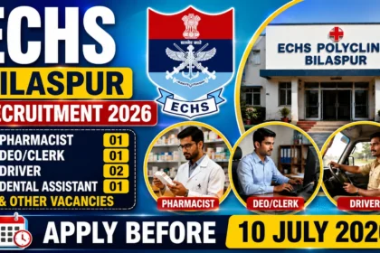 ECHS Bilaspur Recruitment 2026 thumbnail featuring a blue gradient background, ECHS logo, ECHS Polyclinic Bilaspur building, Pharmacist, DEO/Clerk, Driver, Dental Assistant vacancies, and application deadline of 10 July 2026.