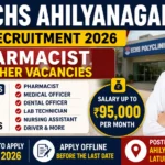 ECHS Ahilyanagar Recruitment 2026 thumbnail featuring Pharmacist and other healthcare vacancies, salary up to ₹95,000 per month, application deadline 09 July 2026, and locations including Ahilyanagar, Dharashiv, Latur, and Beed. :
