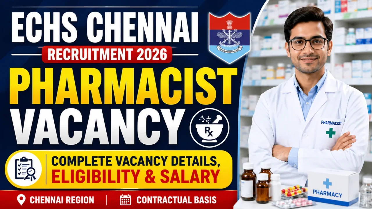 ECHS Chennai Recruitment 2026 pharmacist vacancy thumbnail featuring a pharmacist in a pharmacy setting with text highlighting complete vacancy details, eligibility criteria, and salary information.