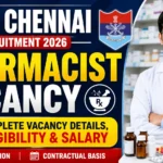 ECHS Chennai Recruitment 2026 pharmacist vacancy thumbnail featuring a pharmacist in a pharmacy setting with text highlighting complete vacancy details, eligibility criteria, and salary information.