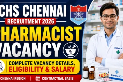 ECHS Chennai Recruitment 2026 pharmacist vacancy thumbnail featuring a pharmacist in a pharmacy setting with text highlighting complete vacancy details, eligibility criteria, and salary information.