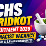ECHS Faridkot Recruitment 2026 thumbnail featuring Pharmacist Vacancy announcement for D.Pharm and B.Pharm candidates with medical symbols, medicine bottle, capsules, mortar and pestle, and healthcare shield on a vibrant blue-purple gradient background.