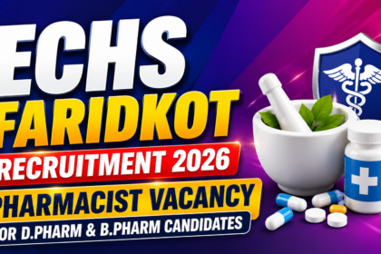 ECHS Faridkot Recruitment 2026 thumbnail featuring Pharmacist Vacancy announcement for D.Pharm and B.Pharm candidates with medical symbols, medicine bottle, capsules, mortar and pestle, and healthcare shield on a vibrant blue-purple gradient background.