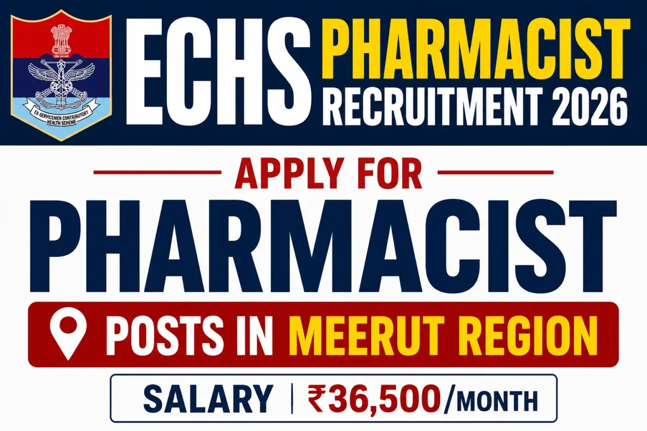 ECHS Pharmacist Recruitment 2026 thumbnail showing pharmacist vacancy in Meerut Region with salary ₹36,500 per month and recruitment announcement banner.