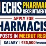 ECHS Pharmacist Recruitment 2026 thumbnail showing pharmacist vacancy in Meerut Region with salary ₹36,500 per month and recruitment announcement banner.