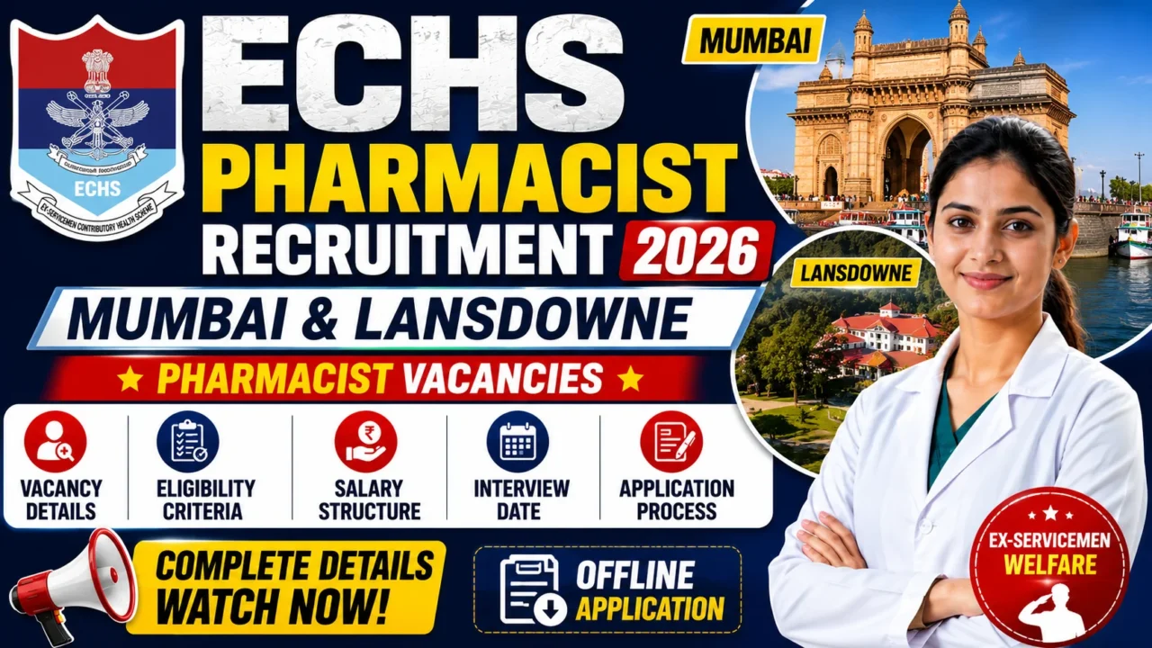 YouTube thumbnail for ECHS Pharmacist Recruitment 2026 featuring Mumbai and Lansdowne locations, ECHS logo, pharmacist, and highlights including Pharmacist Vacancies, Eligibility, Salary, Interview Date, and Offline Application Process.