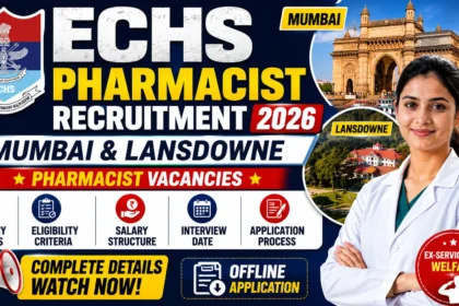 YouTube thumbnail for ECHS Pharmacist Recruitment 2026 featuring Mumbai and Lansdowne locations, ECHS logo, pharmacist, and highlights including Pharmacist Vacancies, Eligibility, Salary, Interview Date, and Offline Application Process.
