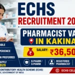 ECHS Recruitment 2026 thumbnail featuring a pharmacist in a medical store, highlighting Pharmacist Vacancy in Kakinada, salary of ₹36,500 per month, eligibility requirements, and application deadline of 10 June 2026.