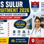 Promotional banner for ECHS Sulur Recruitment 2026 featuring contract-based vacancies for Medical Officer, Pharmacist, Lab Technician, Dental Hygienist, and support staff positions, with interview date, salary details, and ECHS Sulur headquarters image.