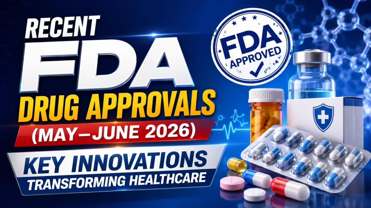 YouTube thumbnail featuring an FDA Approved seal, pharmaceutical capsules, medicine bottles, healthcare packaging, and a blue medical innovation background. The design highlights recent FDA drug approvals and key healthcare innovations from May–June 2026.