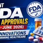 YouTube thumbnail featuring an FDA Approved seal, pharmaceutical capsules, medicine bottles, healthcare packaging, and a blue medical innovation background. The design highlights recent FDA drug approvals and key healthcare innovations from May–June 2026.