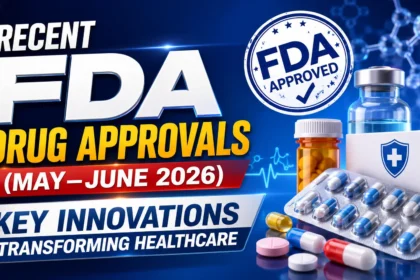 YouTube thumbnail featuring an FDA Approved seal, pharmaceutical capsules, medicine bottles, healthcare packaging, and a blue medical innovation background. The design highlights recent FDA drug approvals and key healthcare innovations from May–June 2026.