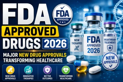 Thumbnail featuring FDA-approved drug vials, capsules, and a pharmaceutical research background, highlighting major new drug approvals in 2026 and their impact on modern healthcare.