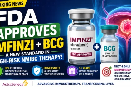 Eye-catching thumbnail showing FDA approval of Imfinzi and BCG combination therapy for high-risk non-muscle-invasive bladder cancer, featuring drug vials, bladder cancer illustration, and key clinical benefits.