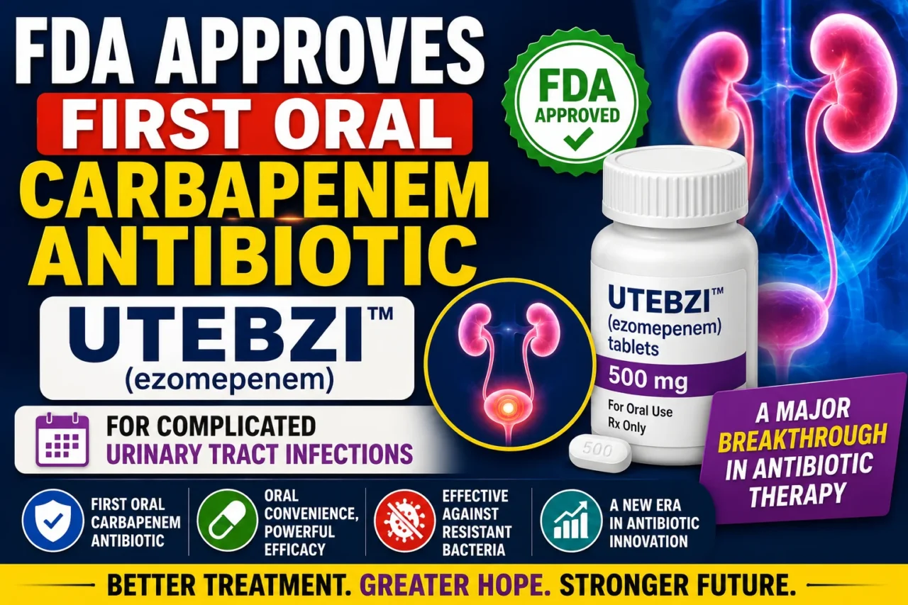 Medical news thumbnail announcing FDA approval of UTEBZI (ezompenem), the first oral carbapenem antibiotic for complicated urinary tract infections, featuring a medicine bottle, urinary system illustration, FDA approval badge, and breakthrough antibiotic therapy highlights.