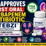 Medical news thumbnail announcing FDA approval of UTEBZI (ezompenem), the first oral carbapenem antibiotic for complicated urinary tract infections, featuring a medicine bottle, urinary system illustration, FDA approval badge, and breakthrough antibiotic therapy highlights.