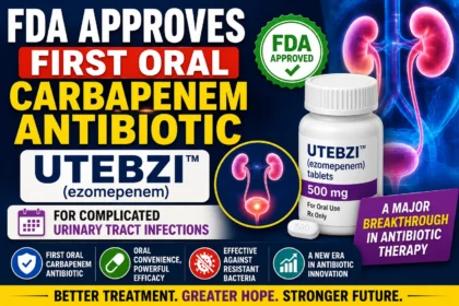 Medical news thumbnail announcing FDA approval of UTEBZI (ezompenem), the first oral carbapenem antibiotic for complicated urinary tract infections, featuring a medicine bottle, urinary system illustration, FDA approval badge, and breakthrough antibiotic therapy highlights.