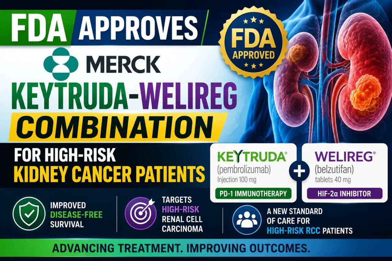 Medical news thumbnail highlighting FDA approval of Merck’s KEYTRUDA and WELIREG combination therapy for high-risk kidney cancer patients, featuring kidney cancer imagery and treatment information.