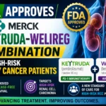 Medical news thumbnail highlighting FDA approval of Merck’s KEYTRUDA and WELIREG combination therapy for high-risk kidney cancer patients, featuring kidney cancer imagery and treatment information.