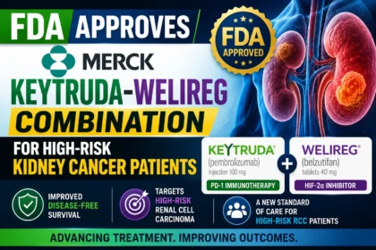 Medical news thumbnail highlighting FDA approval of Merck’s KEYTRUDA and WELIREG combination therapy for high-risk kidney cancer patients, featuring kidney cancer imagery and treatment information.