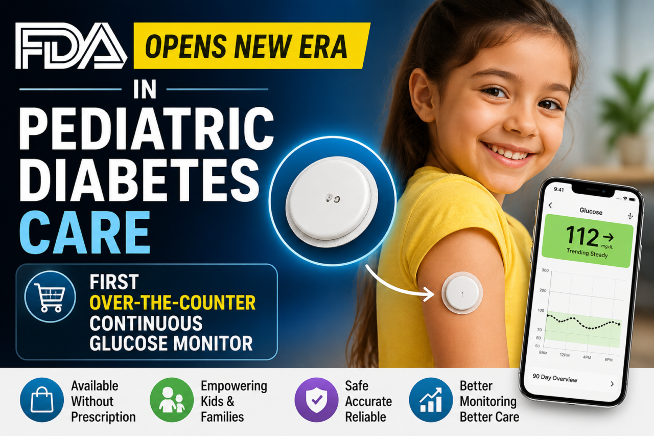 Thumbnail showing a smiling young girl wearing a continuous glucose monitor (CGM) on her arm, holding a smartphone displaying glucose readings. The FDA logo appears prominently, highlighting the first over-the-counter continuous glucose monitor approved for children.