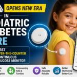 Thumbnail showing a smiling young girl wearing a continuous glucose monitor (CGM) on her arm, holding a smartphone displaying glucose readings. The FDA logo appears prominently, highlighting the first over-the-counter continuous glucose monitor approved for children.