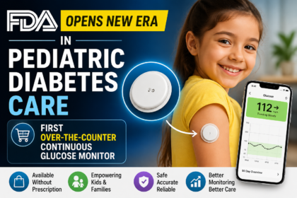 Thumbnail showing a smiling young girl wearing a continuous glucose monitor (CGM) on her arm, holding a smartphone displaying glucose readings. The FDA logo appears prominently, highlighting the first over-the-counter continuous glucose monitor approved for children.