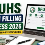 BFUHS Form Filling Process 2026 thumbnail featuring an online application form displayed on a laptop screen, BFUHS branding, and step-by-step registration elements for students applying online.