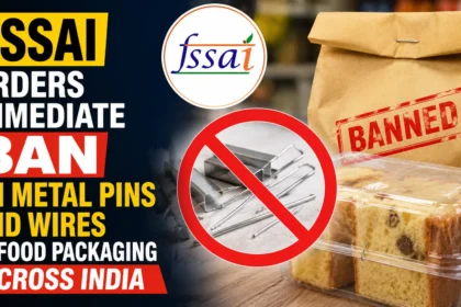 FSSAI announcement graphic showing a ban on metal pins and wires in food packaging, with food containers, packaging materials, and a prohibition symbol over metallic staples and pins.