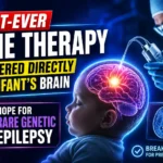 Medical breakthrough thumbnail showing an infant with a glowing brain, DNA strand, and scientist performing advanced gene therapy, highlighting a first-ever treatment for rare genetic epilepsy.