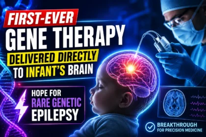 Medical breakthrough thumbnail showing an infant with a glowing brain, DNA strand, and scientist performing advanced gene therapy, highlighting a first-ever treatment for rare genetic epilepsy.