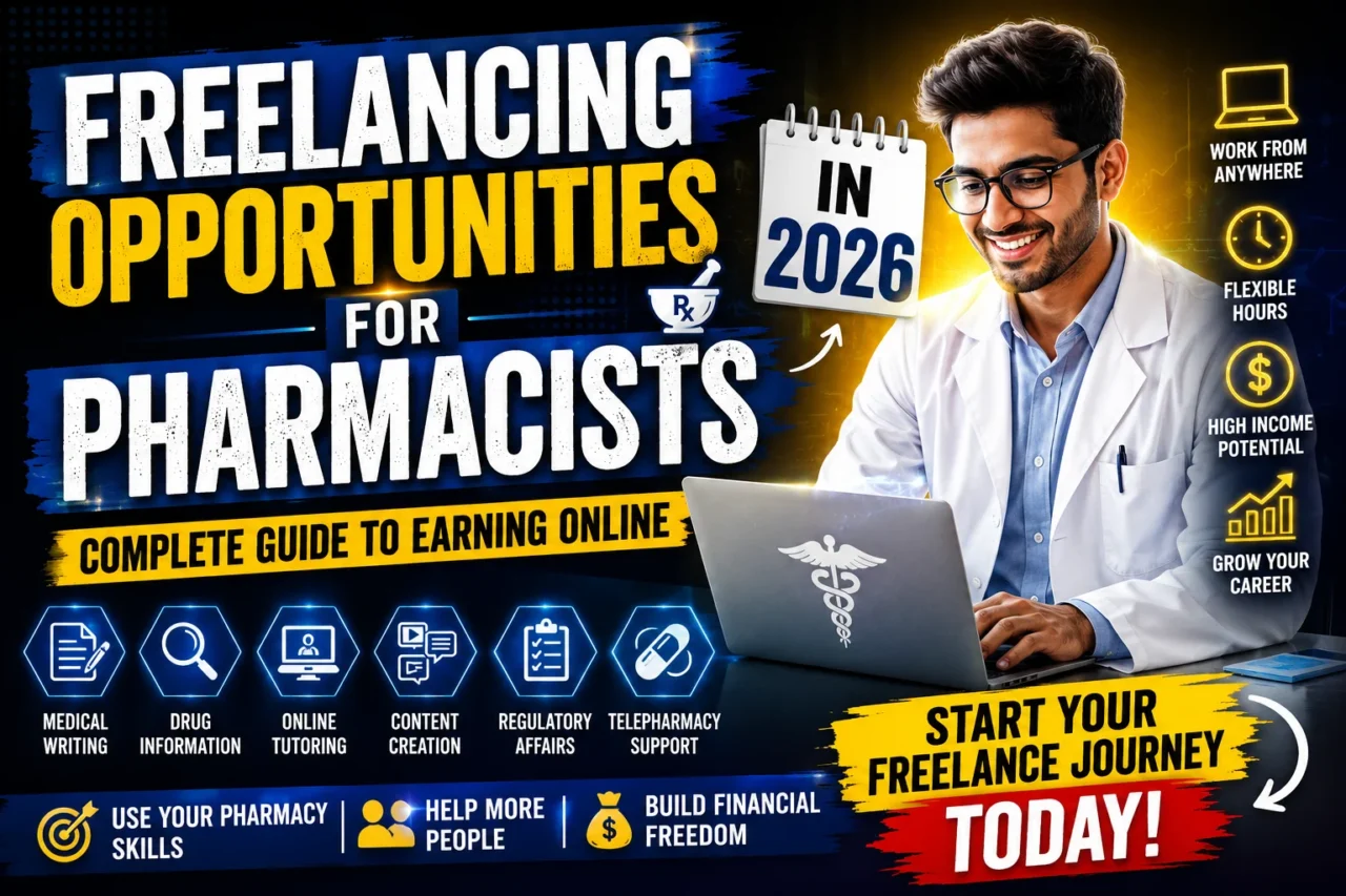 YouTube thumbnail showing a pharmacist working on a laptop with bold text about freelancing opportunities for pharmacists in 2026. The design highlights online earning options such as medical writing, online tutoring, content creation, regulatory affairs, and telepharmacy support.