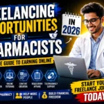 YouTube thumbnail showing a pharmacist working on a laptop with bold text about freelancing opportunities for pharmacists in 2026. The design highlights online earning options such as medical writing, online tutoring, content creation, regulatory affairs, and telepharmacy support.