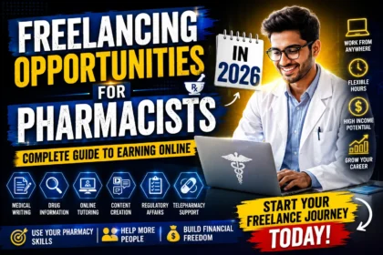 YouTube thumbnail showing a pharmacist working on a laptop with bold text about freelancing opportunities for pharmacists in 2026. The design highlights online earning options such as medical writing, online tutoring, content creation, regulatory affairs, and telepharmacy support.