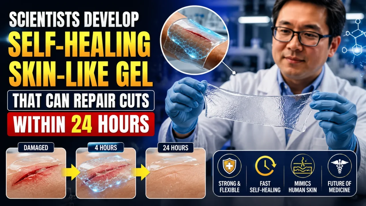 Scientist demonstrating a self-healing skin-like hydrogel in a laboratory, showing how the gel repairs cuts within 24 hours with advanced biomedical technology and regenerative medicine applications.