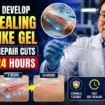 Scientist demonstrating a self-healing skin-like hydrogel in a laboratory, showing how the gel repairs cuts within 24 hours with advanced biomedical technology and regenerative medicine applications.