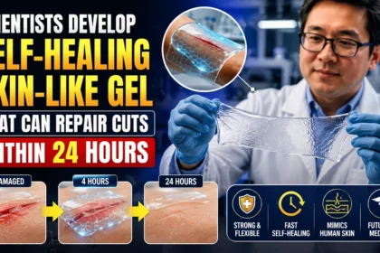 Scientist demonstrating a self-healing skin-like hydrogel in a laboratory, showing how the gel repairs cuts within 24 hours with advanced biomedical technology and regenerative medicine applications.