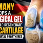 Medical science thumbnail showing Germany’s flag, a human knee joint, injectable biological gel, and regenerated cartilage concept, highlighting a breakthrough treatment for knee cartilage repair without metal prostheses.