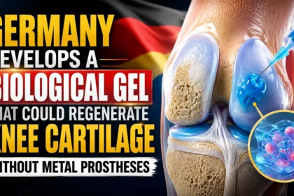 Medical science thumbnail showing Germany’s flag, a human knee joint, injectable biological gel, and regenerated cartilage concept, highlighting a breakthrough treatment for knee cartilage repair without metal prostheses.