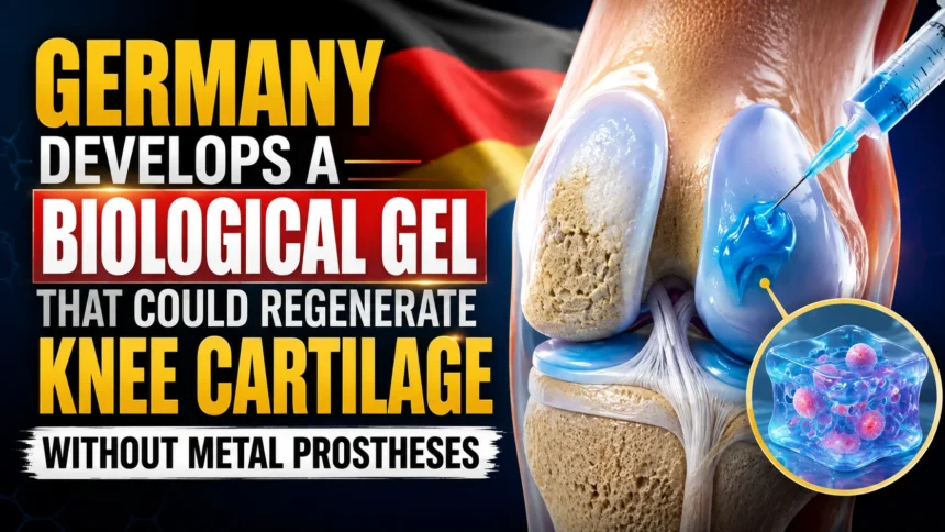 Medical science thumbnail showing Germany’s flag, a human knee joint, injectable biological gel, and regenerated cartilage concept, highlighting a breakthrough treatment for knee cartilage repair without metal prostheses.