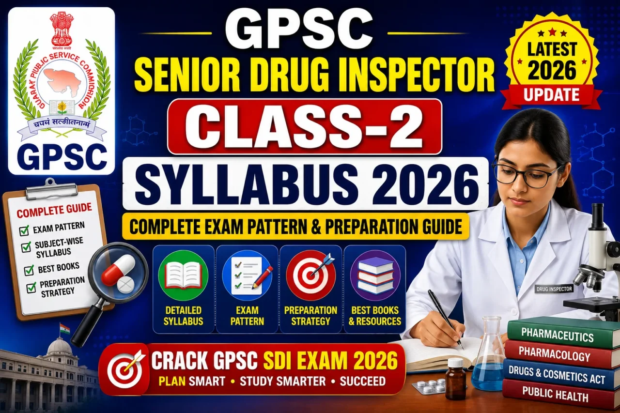 GPSC Senior Drug Inspector Class-2 Syllabus 2026 thumbnail featuring the GPSC logo, a drug inspector in a laboratory setting, medicine and pharmaceutical icons, study materials, and bold text highlighting the syllabus, exam pattern, preparation strategy, and latest 2026 update.