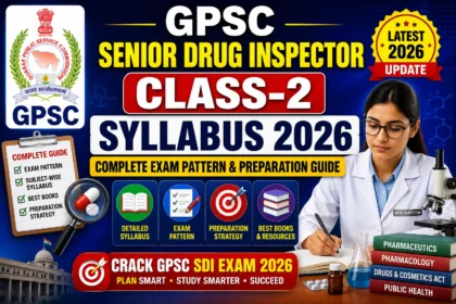 GPSC Senior Drug Inspector Class-2 Syllabus 2026 thumbnail featuring the GPSC logo, a drug inspector in a laboratory setting, medicine and pharmaceutical icons, study materials, and bold text highlighting the syllabus, exam pattern, preparation strategy, and latest 2026 update.