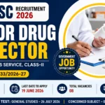 GPSC Recruitment 2026 banner featuring Senior Drug Inspector (Class-II) vacancies in Gujarat Drugs Service. The thumbnail highlights government job opportunities, application dates, vacancy details, pay scale, and a pharmaceutical professional inspecting medicine bottles in a laboratory setting.