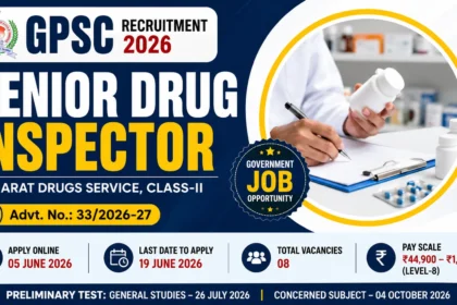 GPSC Recruitment 2026 banner featuring Senior Drug Inspector (Class-II) vacancies in Gujarat Drugs Service. The thumbnail highlights government job opportunities, application dates, vacancy details, pay scale, and a pharmaceutical professional inspecting medicine bottles in a laboratory setting.