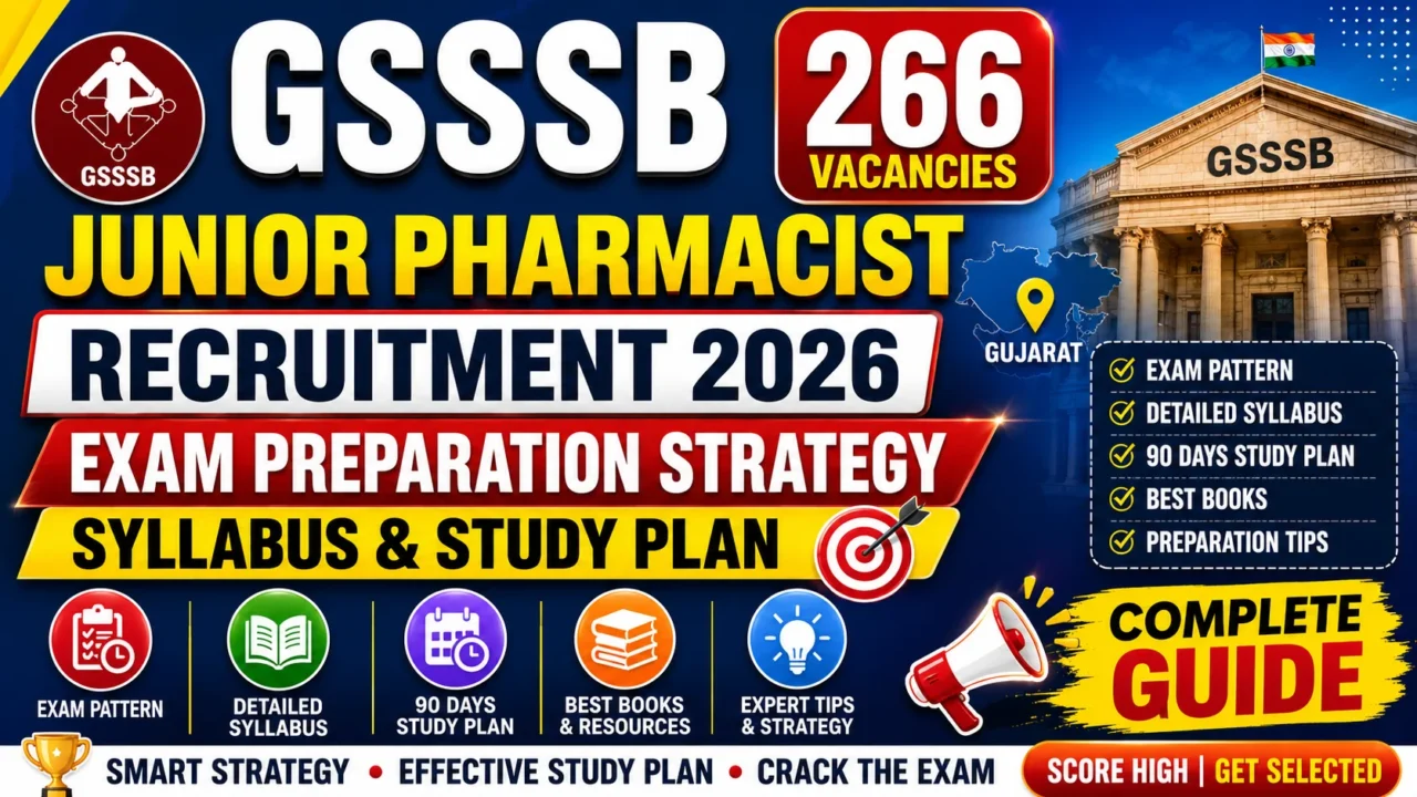 GSSSB Junior Pharmacist Recruitment 2026 thumbnail showing 266 vacancies, exam preparation strategy, syllabus, study plan, exam pattern, and complete guide for Gujarat government pharmacist recruitment.