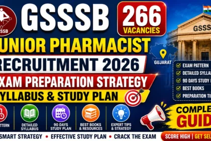 GSSSB Junior Pharmacist Recruitment 2026 thumbnail showing 266 vacancies, exam preparation strategy, syllabus, study plan, exam pattern, and complete guide for Gujarat government pharmacist recruitment.