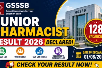GSSSB Junior Pharmacist Result 2026 declared with select list, waiting list, cut-off marks, and 128 vacancies announcement.